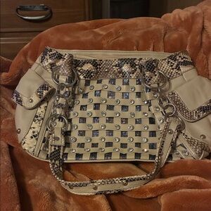 Women's Cream Snakeskin-Trim Studded Shoulder Bag